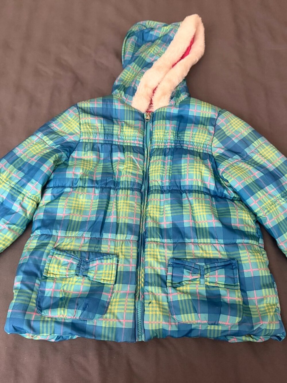 Girls Plaid Fleece-lined Puffer Jacket with Hood